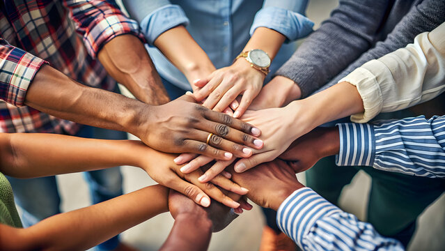 A close-up of diverse hands working together on a collaborative project, teamwork, collaboration, cooperation