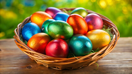 Colorful Easter eggs in a shiny basket, glossy, vibrant, Easter, eggs, spring, celebration, holiday, basket, pastel
