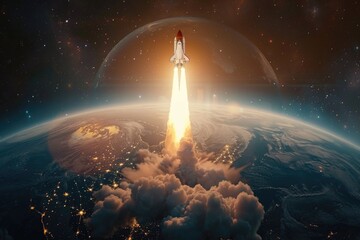 A space shuttle blasting off from Earth's surface