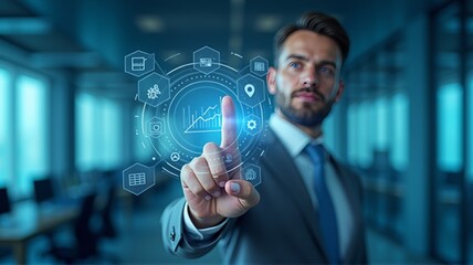 A scientist, businessman looking at the charts to analyze the data. She is looking at the digital screen, a hologram. Virtual Reality has taken place in the business world. This is a futuristic photo