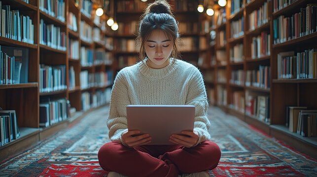 young female student in library focusing on final project presentation sitting on floor with laptop on knees university student preparing for final exam