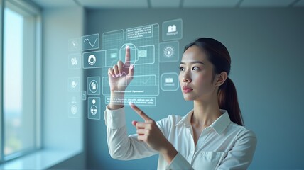 asian woman touching a dashboard with key performance indicator