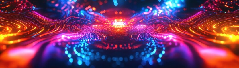 Vibrant Abstract Neon Light Waves in a Futuristic Digital Landscape with Dynamic Colors and Reflections