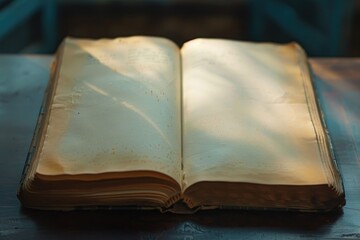 An open book sits on top of a wooden table, ready for reading
