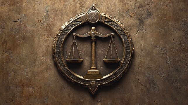 Court of Justice symbol displayed against a neutral, textured background, drawing attention to the emblem's intricate details and symbolism