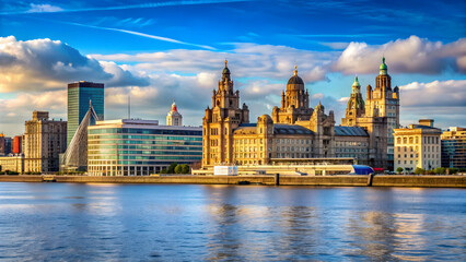 Obraz premium Architecture landscape on the River Mersey in Liverpool, UK , Liverpool, United Kingdom, architecture, landscape