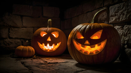 halloween pumpkin in the dark, jack o lantern, in a fireplace, dark, , ai generated