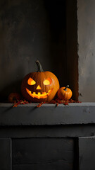 halloween pumpkin in the dark, jack o lantern, in a fireplace, dark, , ai generated