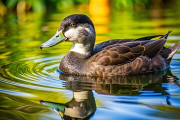 Fototapeta premium Amidst the lake's gentle ripples, a majestic black duck glides effortlessly, its smooth feathers reflecting the sun's