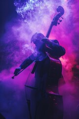 A musician plays the cello in a dimly lit, smoke-filled room