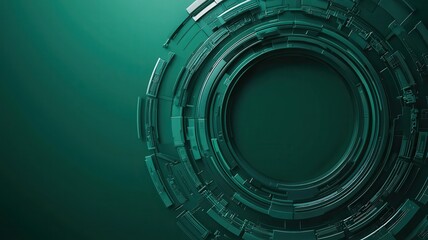 A futuristic circular design with intricate patterns in shades of green, set against a dark background, evoking technology and digital themes.