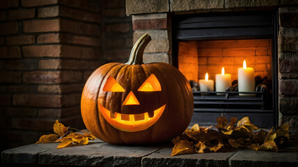 Obraz premium halloween pumpkin in the dark, jack o lantern, in a fireplace, dark, , ai generated