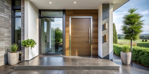 A modern exterior door with clean lines and a brushed metal handle, creates a warm welcome into a