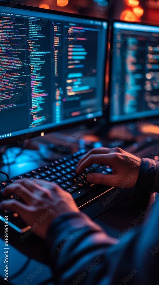 Fototapete Person typing on a keyboard with dual monitors displaying lines of code in a tech-driven workspace. Programming and IT work concept.