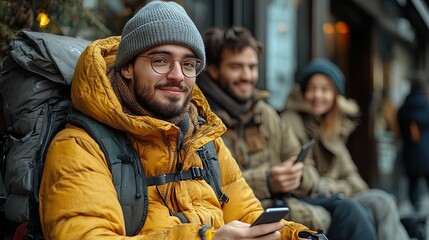 Fototapeta premium young man in wheelchair spending free time outdoor with friends looking at something on smartphone male friendship