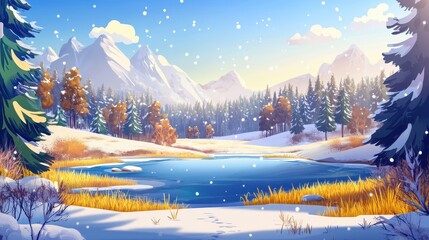 Fototapeta premium winter landscape in pine forest with lake and snow on mountain background and clear sky, cartoon illustration