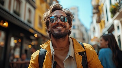 Fototapeta premium young man in wheelchair spending free time outdoor with friends taking selfie having fun in city male friendship