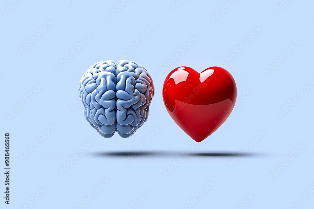 Poster minimalist brain and heart illustration, symbolizing the balance between logic and emotion in a clea