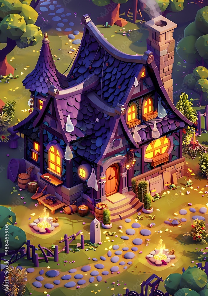 Sticker Fantasy Style Witch Cottage Illustration