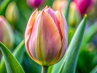 Fototapeta premium A partially opened tulip bud showcases its tender beauty, with petals unfolding like silk, revealing a soft palette