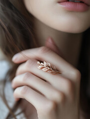 Obraz premium Rose Gold Ring with a Delicate Leaf Design on Woman's Hand