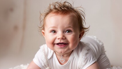 cute little smiling girl in white dress on the floor. happy child