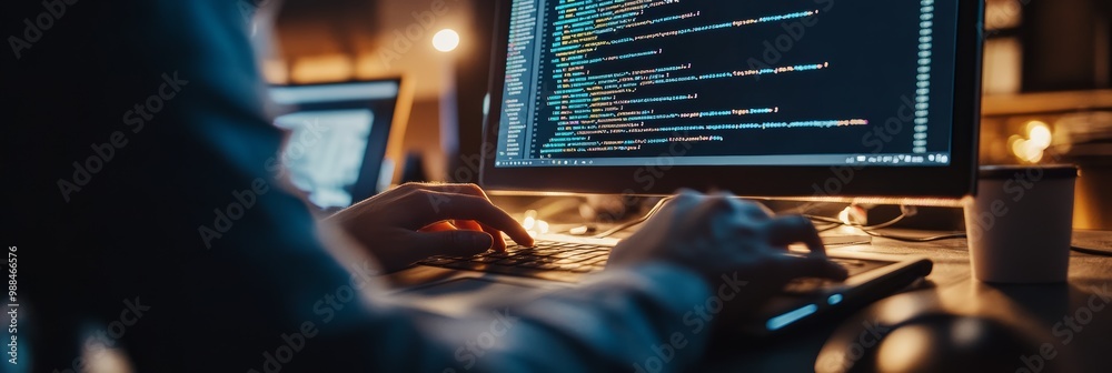 Poster Programmer working late on code in a quiet home office with dim lighting. Focus on software development.