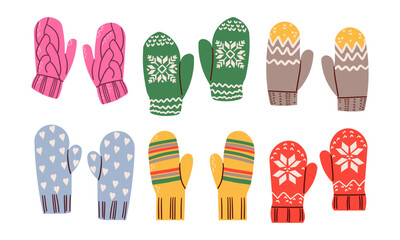 Collection winter mitten isolated on white. Doodle hand drawn set pair of mittens in different colors. Warm cozy elements of clothing. Knitted seasonal accessory