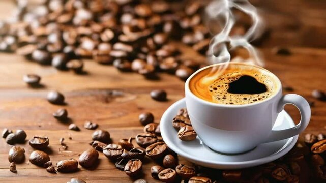 A steaming cup of coffee surrounded by coffee beans on a wooden surface.