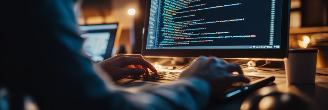 Programmer working late on code in a quiet home office with dim lighting. Focus on software development.