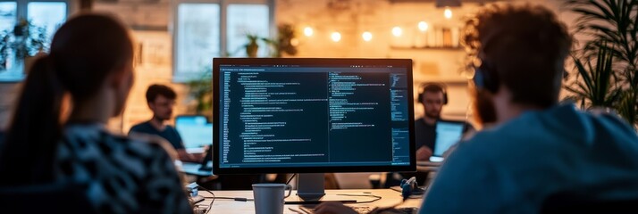 Software development team coding together in a modern office environment. Large monitors display programming tasks.