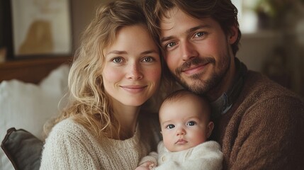 young parents with newborn baby, small toddler son at home