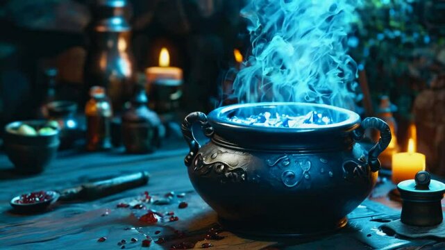 A mystical cauldron emitting blue smoke, surrounded by candles and scattered ingredients.