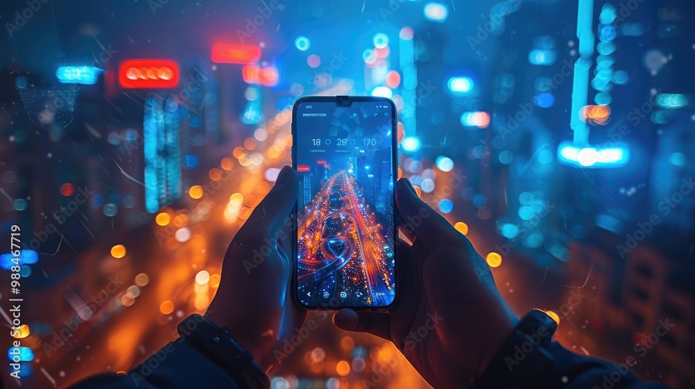Poster a hands holding a smartphone, displaying a complex digital interface, sleek and advanced, cityscape 