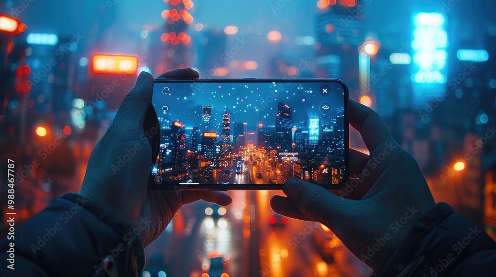 Poster a hands holding a smartphone, displaying a complex digital interface, sleek and advanced, cityscape 