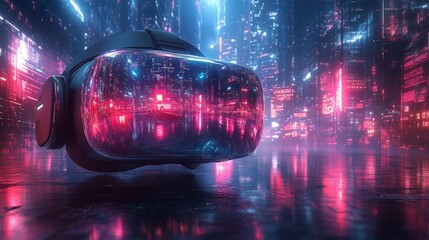 Futuristic VR Headset in Neon Cityscape Generative AI