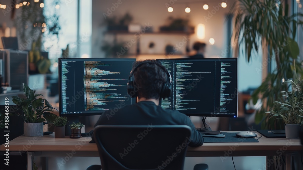 Poster Developer coding on dual screens with headphones in a modern workspace.