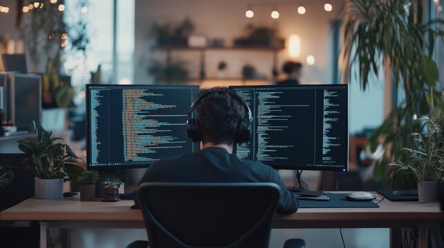 Developer coding on dual screens with headphones in a modern workspace.