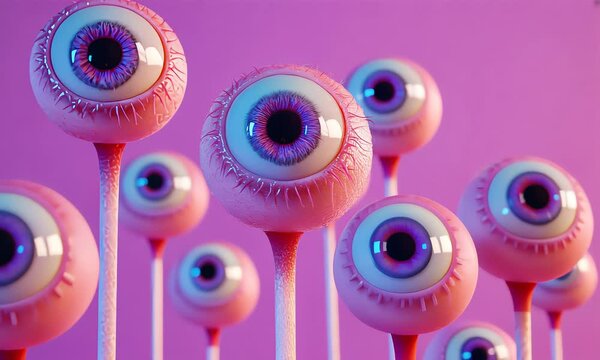 A surreal and bizarre collection of pink eyeballs on sticks swaying in the wind on a bright purple background, creating an eerie atmosphere.