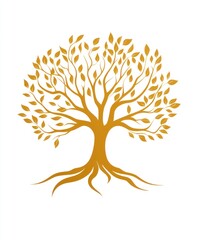 A stylized golden tree with intricate branches and roots, isolated on a white background.