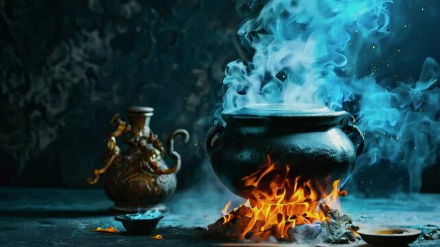 A mystical scene with a bubbling cauldron surrounded by smoke and flames.