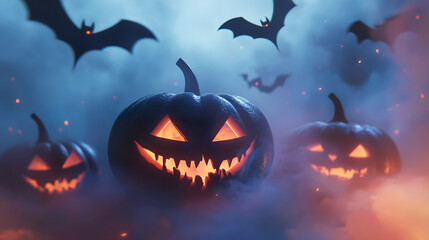 Fototapeta premium 3D Halloween Banner with Glowing Pumpkins and Bats