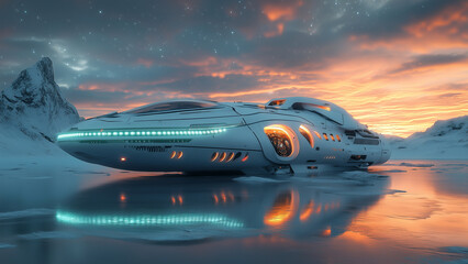 A futuristic ship descends onto an ice rink in the Arctic