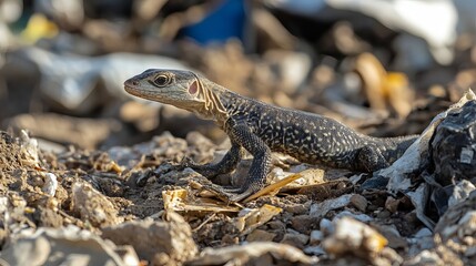 Obraz premium A small water monitor scavenging for food around a landfill