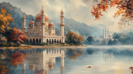 Obraz premium Majestic Mosque by the Water in Autumn Scenery Generative AI