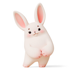 Simple fat cute kawaii fluffy cartoon easter bunny with eyebrows, pink ears, cheeks, soft paws stands in a shy pose holds his hands together, happy facial expression. 3d render isolated white backdrop