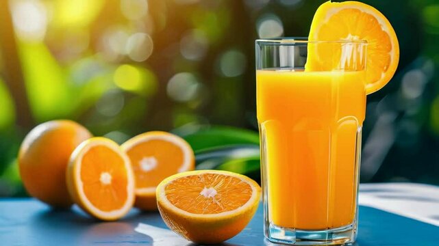 A refreshing glass of orange juice with fresh oranges in a vibrant, sunny setting.