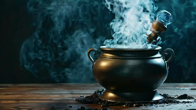 A mystical cauldron emitting smoke, suggesting magic or potion-making.