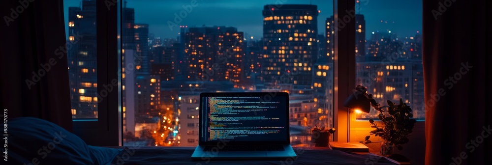 Aufkleber laptop with code on screen by a window, overlooking a city at night. symbolizes digital work and pro