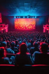 A large audience sitting in a dark auditorium, faces illuminated by a vibrant, colorful stage screen ahead